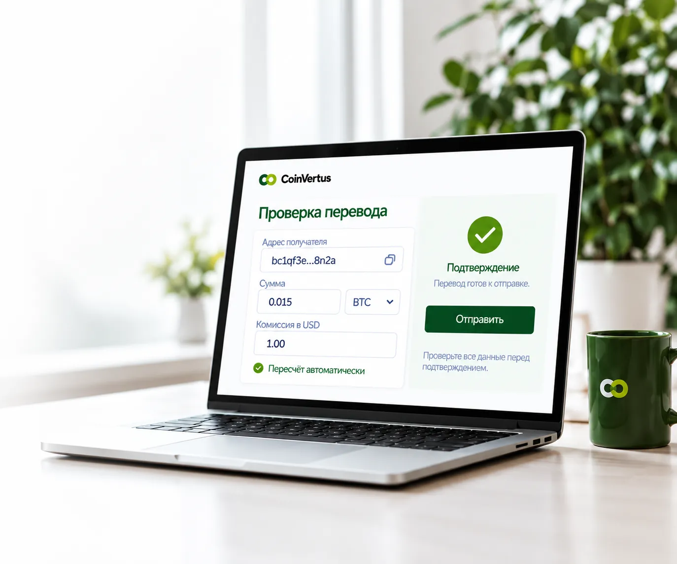 A laptop showing a transfer check screen and a green cup on a light desk
